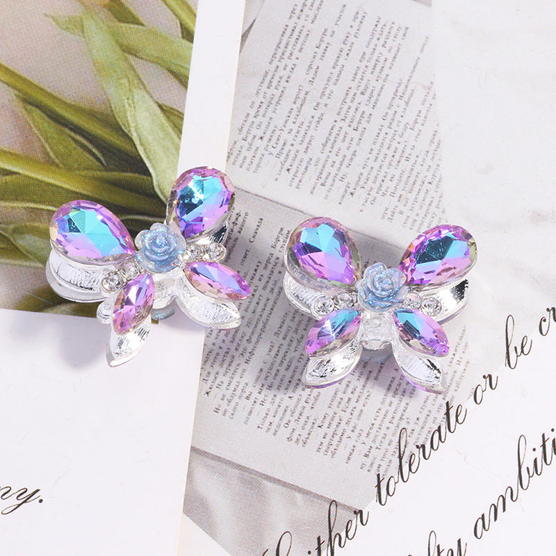 Wholesale 5pcs/pack Heavy alloy rose butterfly rhinestone beads straight hole beads DIY